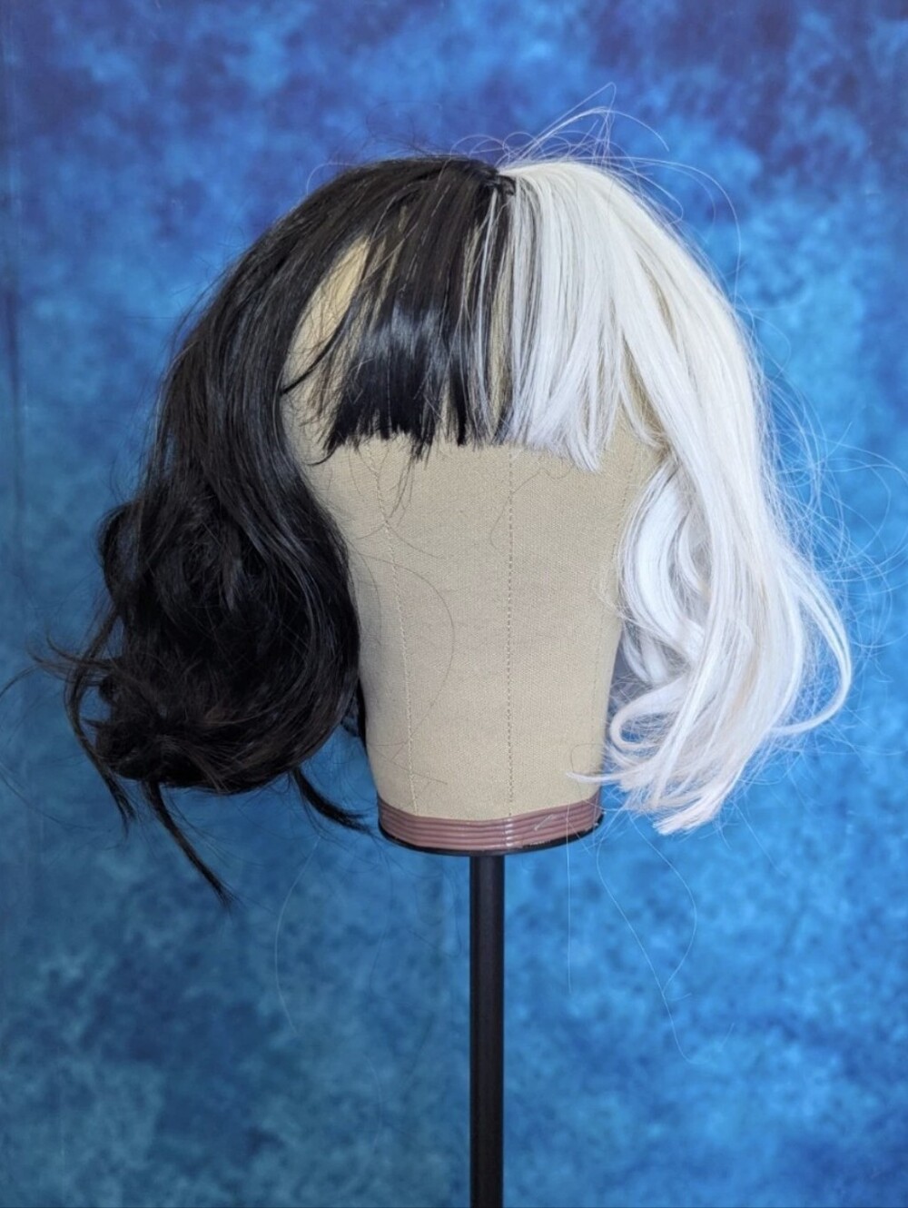 Cruella Style Bob Wig With Adjustable OSFM Cap Black And White Synthetic